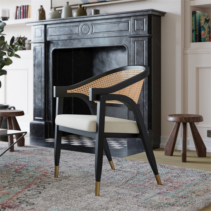 Pemberly Row Cane Rattan Dining Chair with Padded Seat in Natural/Black