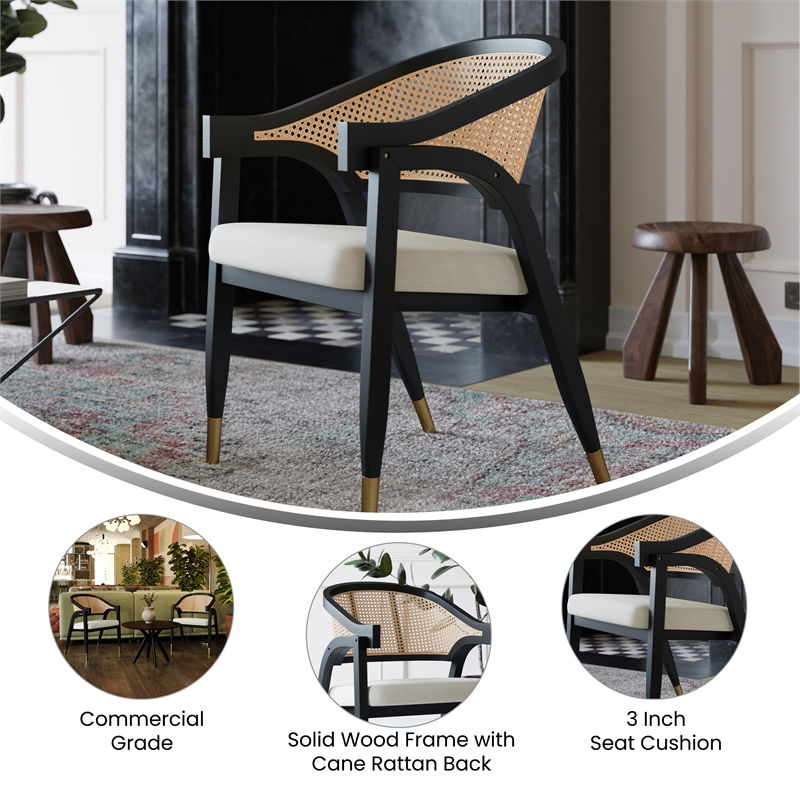 Pemberly Row Cane Rattan Dining Chair with Padded Seat in Natural/Black