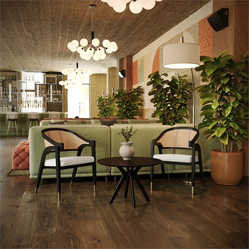 Pemberly Row Cane Rattan Dining Chair with Padded Seat in Natural/Black