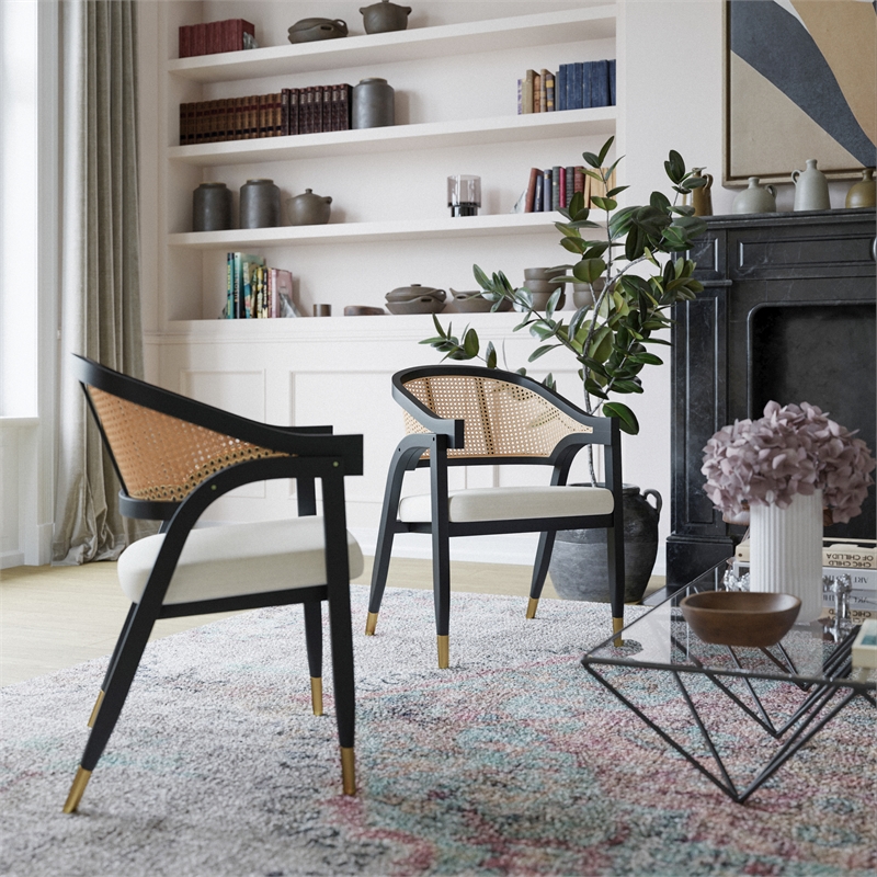 Pemberly Row Cane Rattan Dining Chair with Padded Seat in Natural/Black