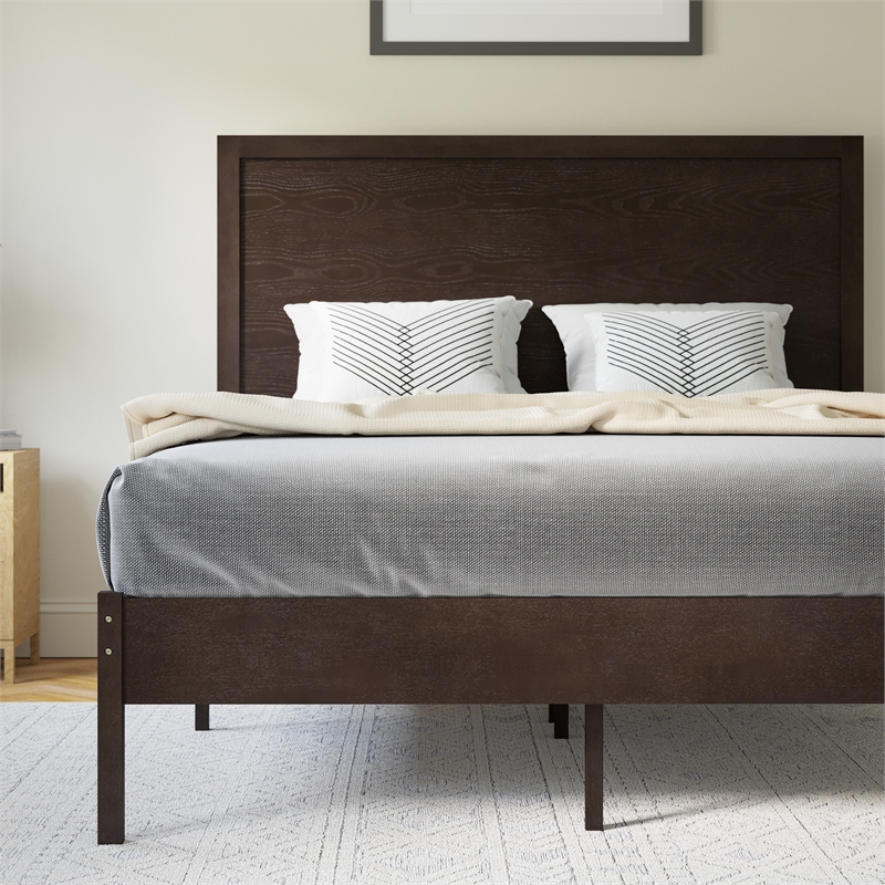 Pemberly Row Solid Wood Full Platform Bed with Headboard and Slats in Dark Brown