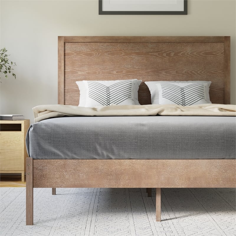 Pemberly Row Solid Wood Full Platform Bed with Headboard & Slats in Light Brown