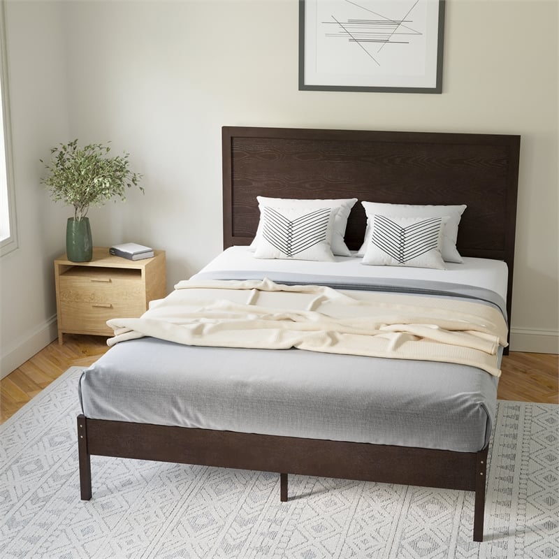 Pemberly Row Solid Wood Queen Platform Bed with Headboard & Slats in Dark Brown