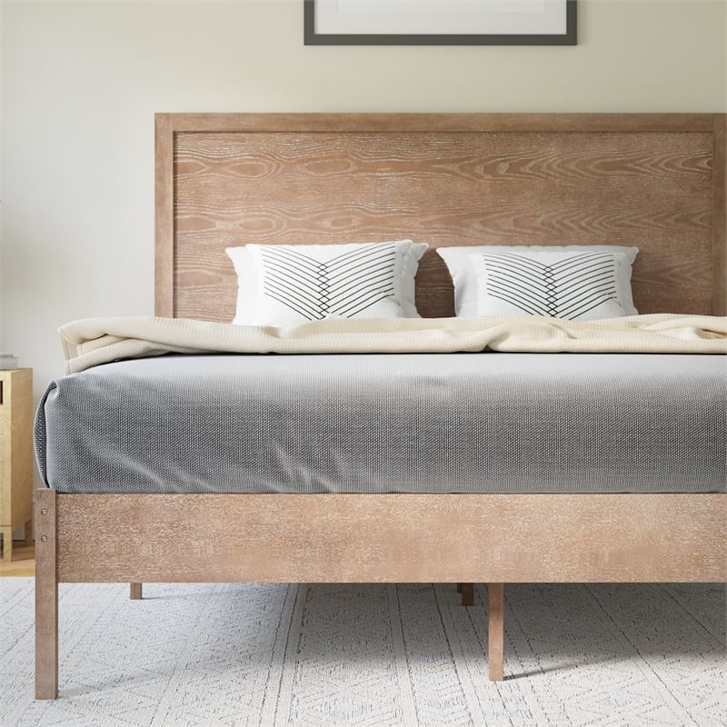 Pemberly Row Solid Wood Queen Platform Bed with Headboard & Slats in Light Brown