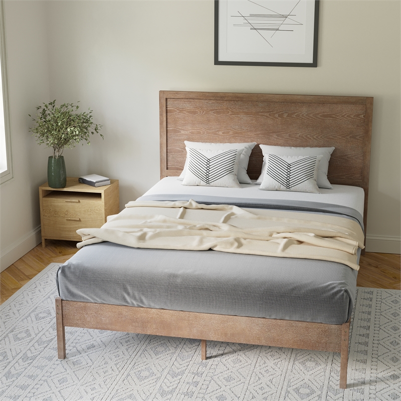 Pemberly Row Solid Wood Queen Platform Bed with Headboard & Slats in Light Brown