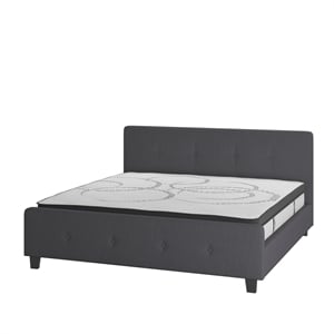 Pemberly Row King Tufted Platform Bed in Dark Gray with 10&quot Spring Mattress