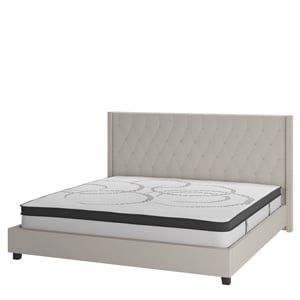 Pemberly Row King Tufted Platform Bed in Beige with 10&quot Pocket Spring Mattress