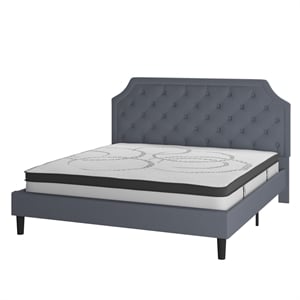 Pemberly Row King Tufted Platform Bed in Light Gray with 10&quot Spring Mattress