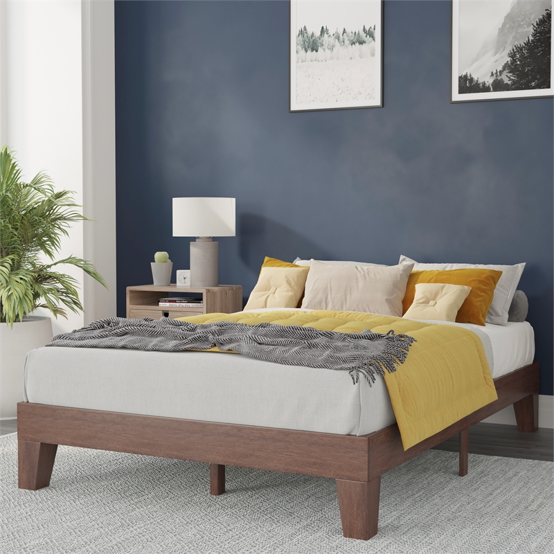 Pemberly Row Wood Platform Full Bed with 14 Support Slats in Walnut