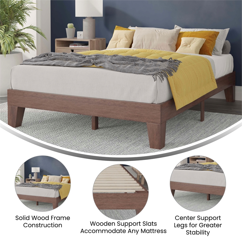 Pemberly Row Wood Platform Full Bed with 14 Support Slats in Walnut