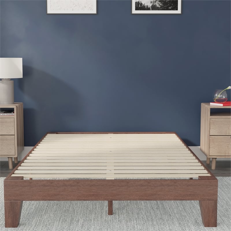 Pemberly Row Wood Platform Full Bed with 14 Support Slats in Walnut