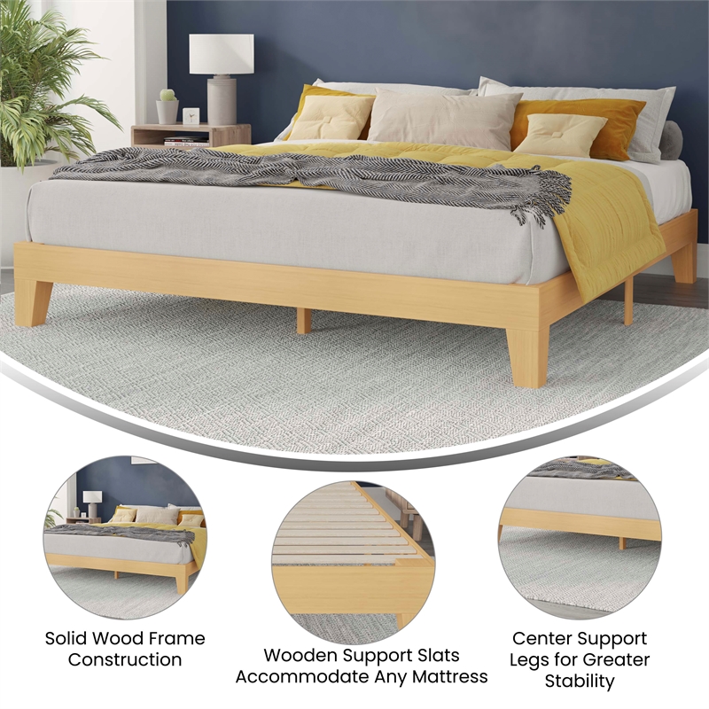 Pemberly Row Wood Platform King Bed with 14 Support Slats in Natural Pine