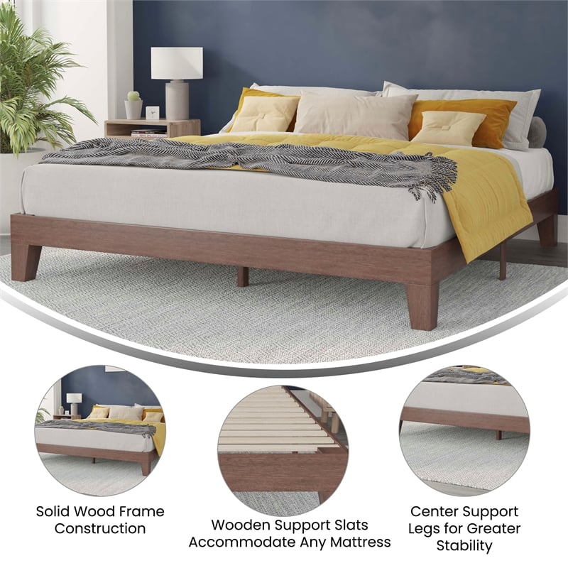 Pemberly Row Wood Platform King Bed with 14 Support Slats in Walnut