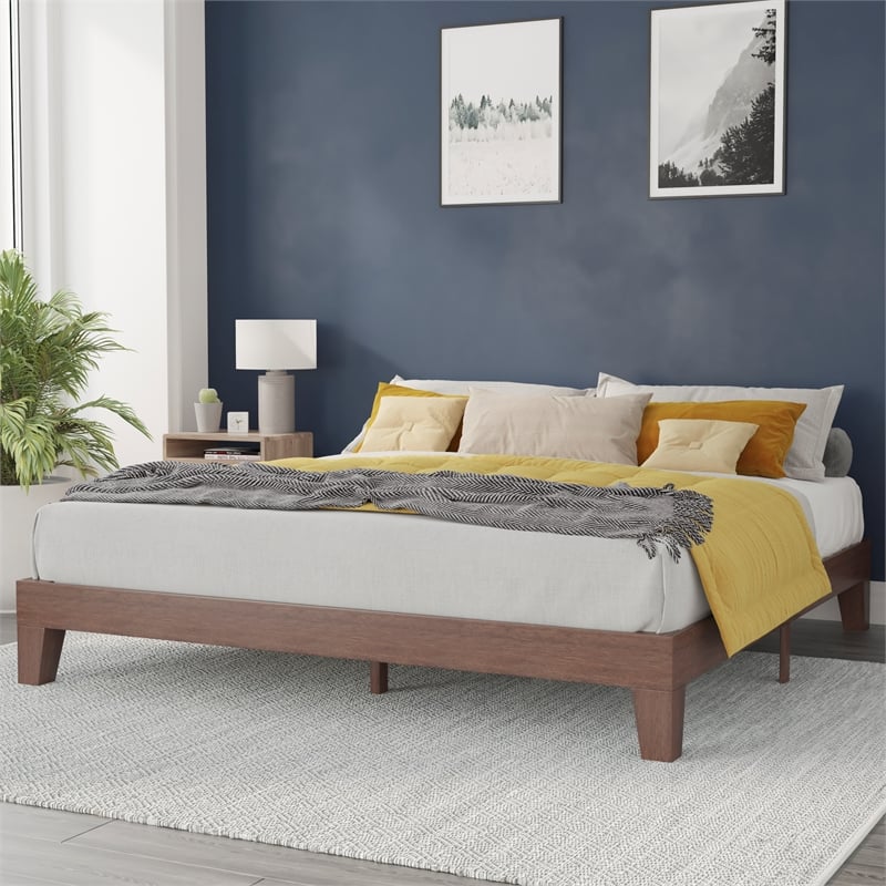 Pemberly Row Wood Platform King Bed with 14 Support Slats in Walnut