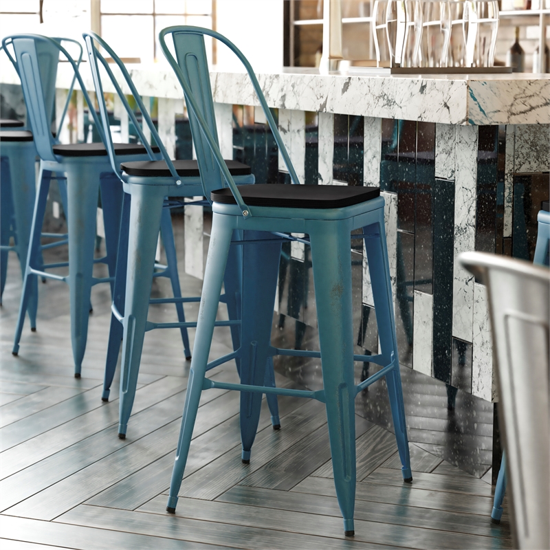 Pemberly Row Bar Height Stool with Poly Resin Seat in Kelly-Blue Teal/Black
