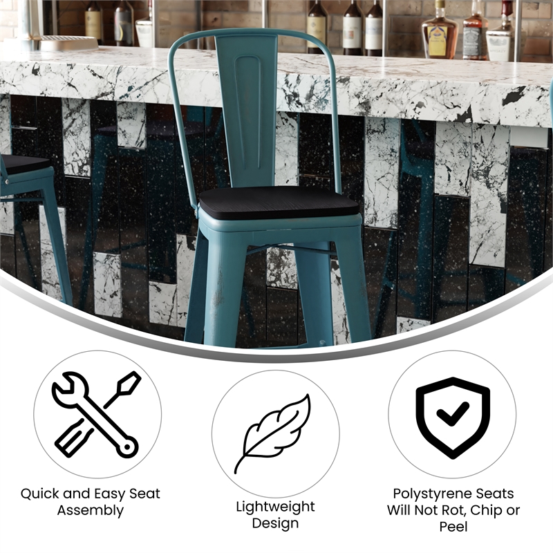Pemberly Row Bar Height Stool with Poly Resin Seat in Kelly-Blue Teal/Black
