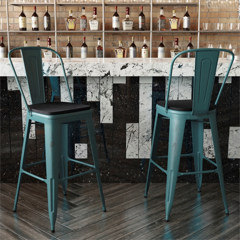 Pemberly Row Bar Height Stool with Poly Resin Seat in Kelly-Blue Teal/Black