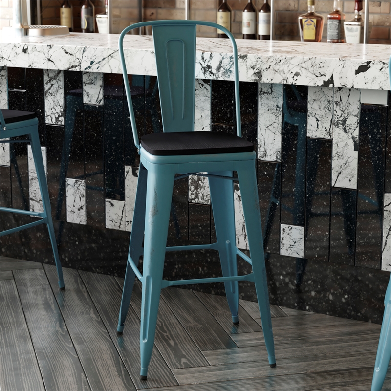Pemberly Row Bar Height Stool with Poly Resin Seat in Kelly-Blue Teal/Black