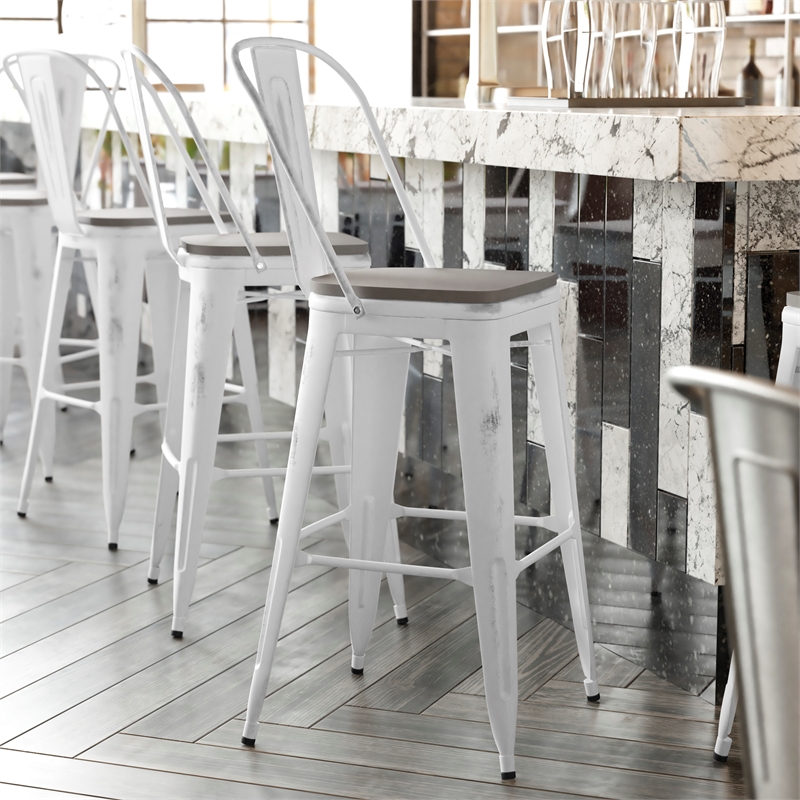 Pemberly Row All-Weather Bar Height Stool with Poly Resin Seat in White/Gray