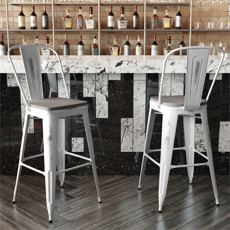 Pemberly Row All-Weather Bar Height Stool with Poly Resin Seat in White/Gray