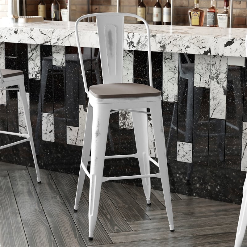 Pemberly Row All-Weather Bar Height Stool with Poly Resin Seat in White/Gray