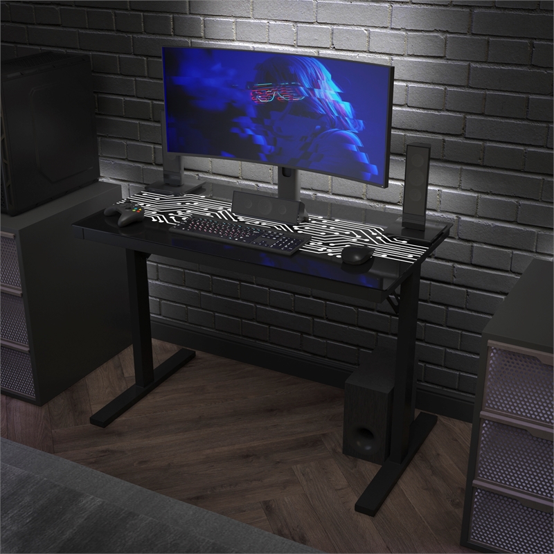 Pemberly Row Gaming Desk with LED Color Changing Circuit Board Glass Top