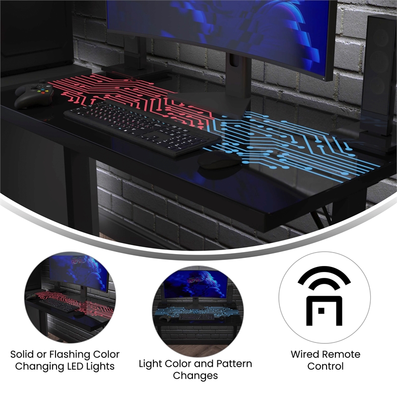 Pemberly Row Gaming Desk with LED Color Changing Circuit Board Glass Top