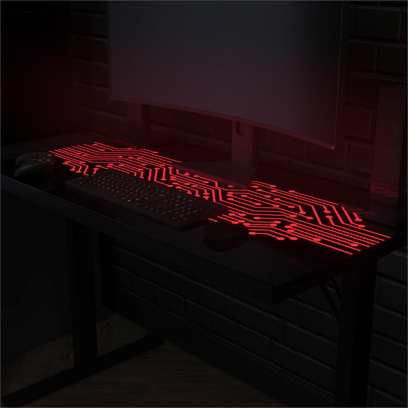 Pemberly Row Gaming Desk with LED Color Changing Circuit Board Glass Top
