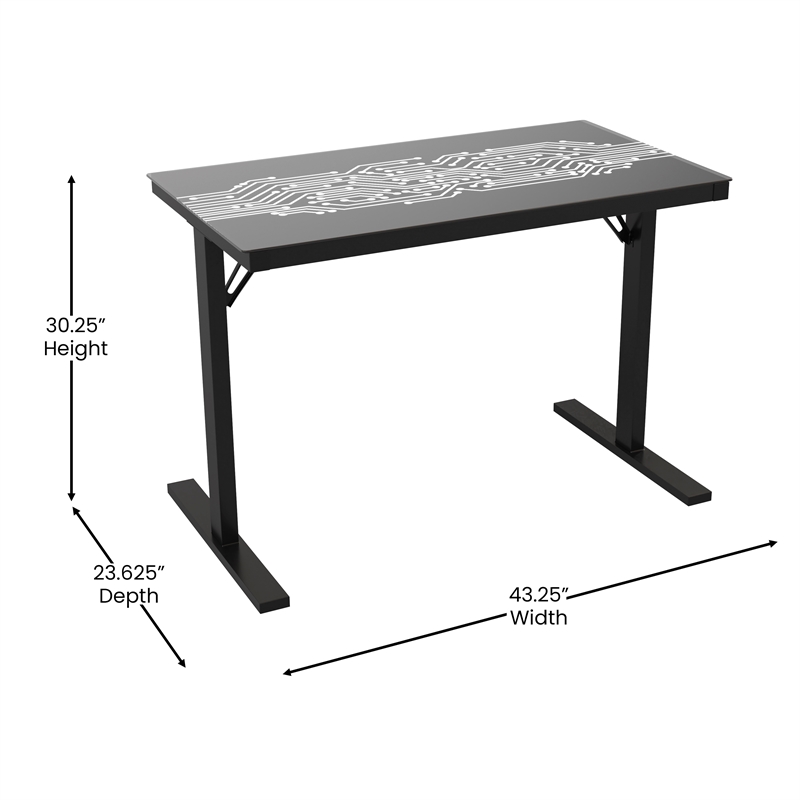 Pemberly Row Gaming Desk with LED Color Changing Circuit Board Glass Top