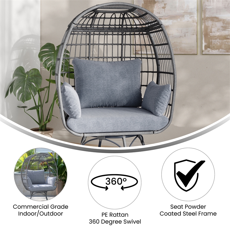 Pemberly Row Indoor/Outdoor Wicker Swivel Lounge Chair with 4 Cushions in Gray