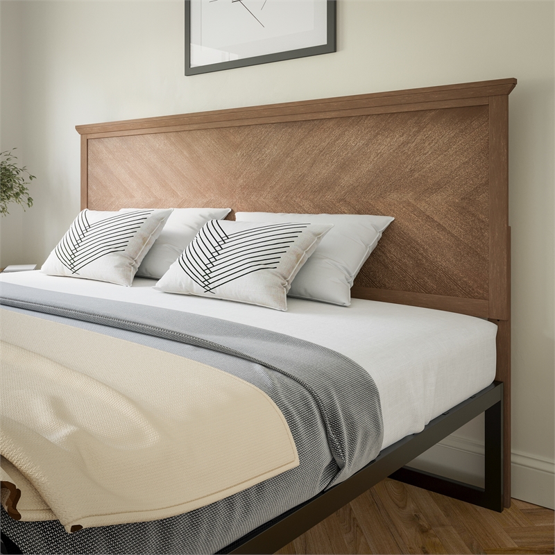 Pemberly Row Contemporary King Size Herringbone Wooden Headboard in Light Brown
