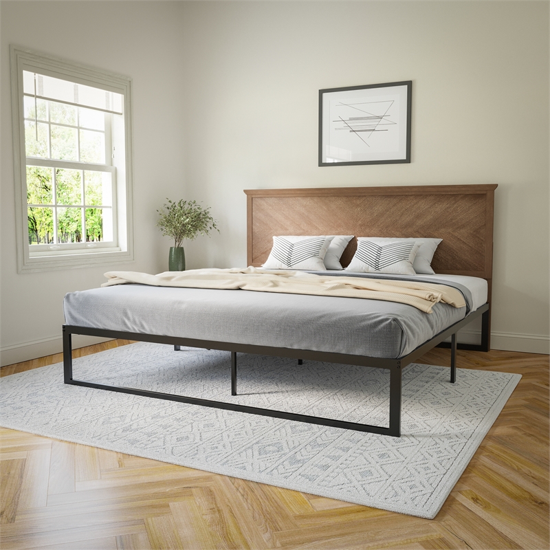 Pemberly Row Contemporary King Size Herringbone Wooden Headboard in Light Brown