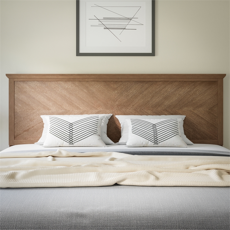 Pemberly Row Contemporary King Size Herringbone Wooden Headboard in Light Brown