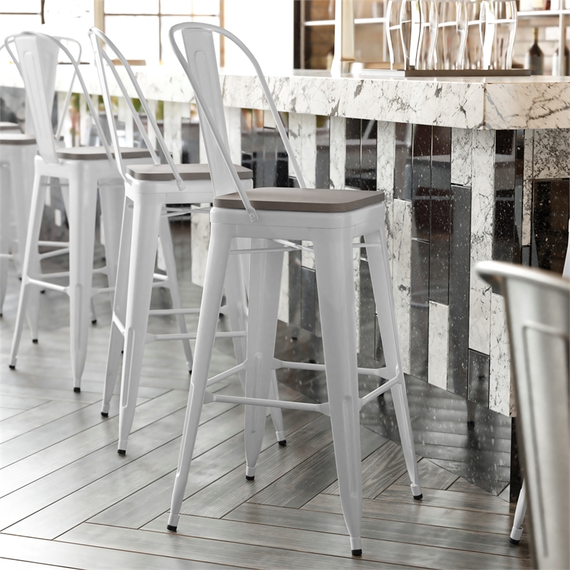 Pemberly Row All-Weather Bar Stool with Removable Back & Poly Seat in White/Gray