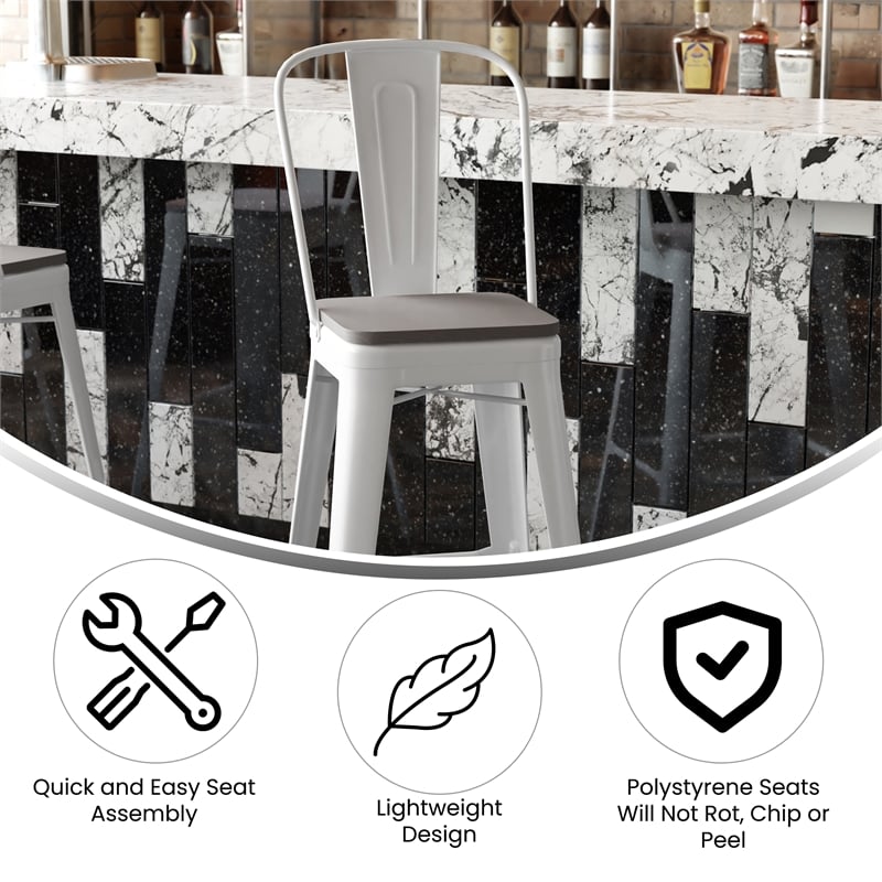 Pemberly Row All-Weather Bar Stool with Removable Back & Poly Seat in White/Gray