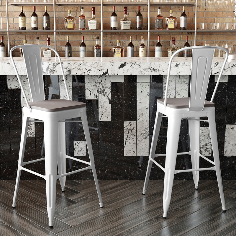 Pemberly Row All-Weather Bar Stool with Removable Back & Poly Seat in White/Gray