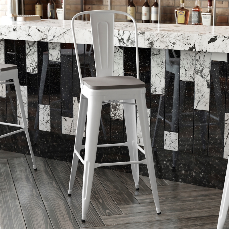 Pemberly Row All-Weather Bar Stool with Removable Back & Poly Seat in White/Gray
