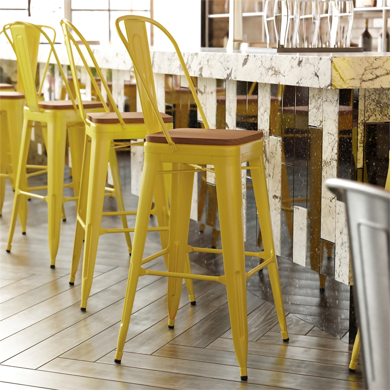 Pemberly Row Bar Stool with Removable Back & Poly Seat in Yellow/Teak