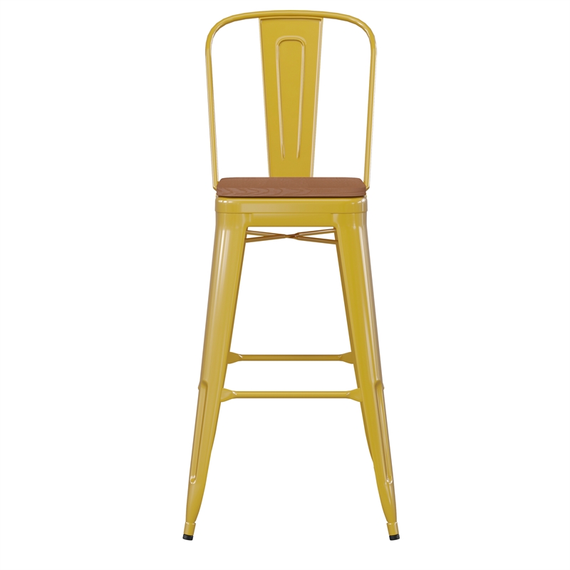 Pemberly Row Bar Stool with Removable Back & Poly Seat in Yellow/Teak