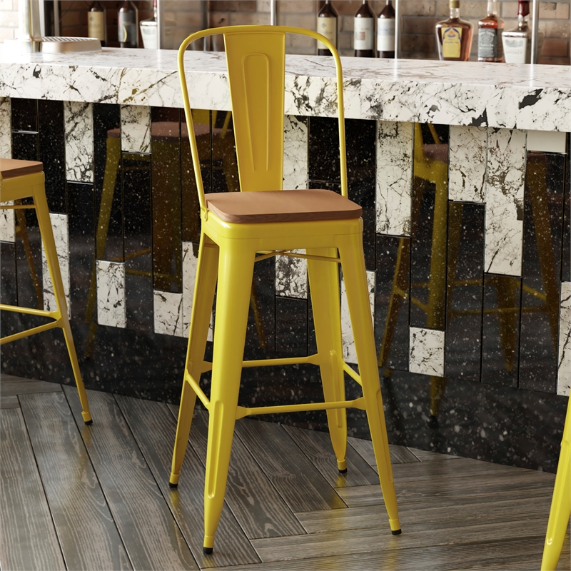 Pemberly Row Bar Stool with Removable Back & Poly Seat in Yellow/Teak
