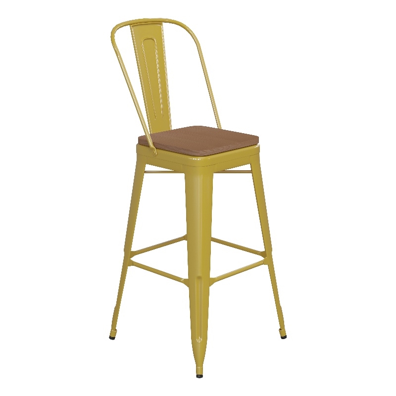 Pemberly Row Bar Stool with Removable Back & Poly Seat in Yellow/Teak