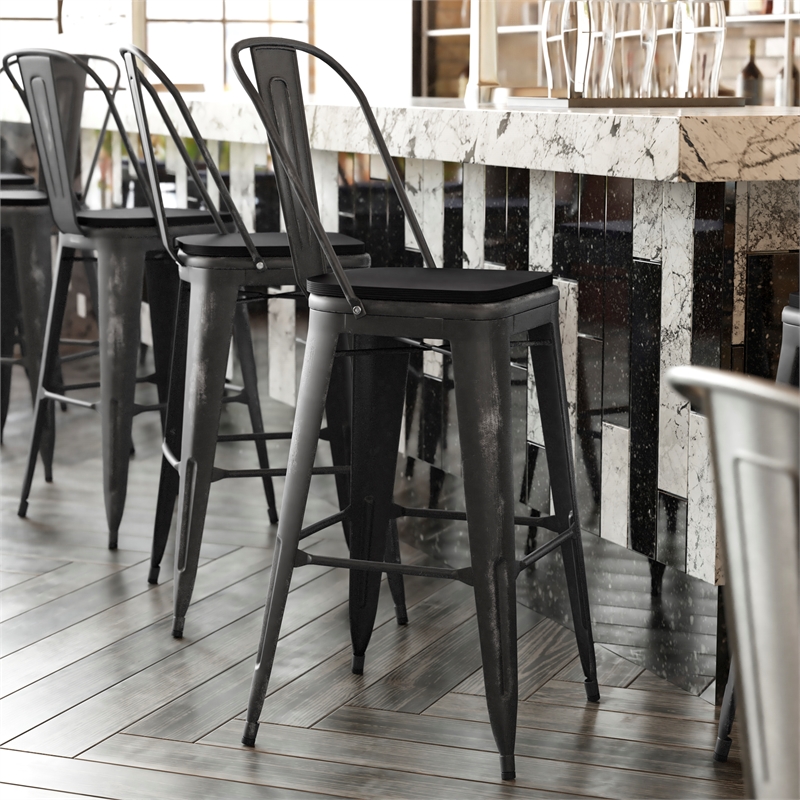 Pemberly Row All-Weather Bar Height Stool with Poly Resin Seat in Black/Black