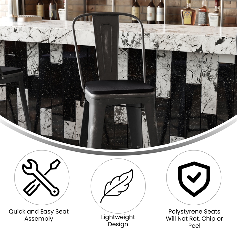 Pemberly Row All-Weather Bar Height Stool with Poly Resin Seat in Black/Black
