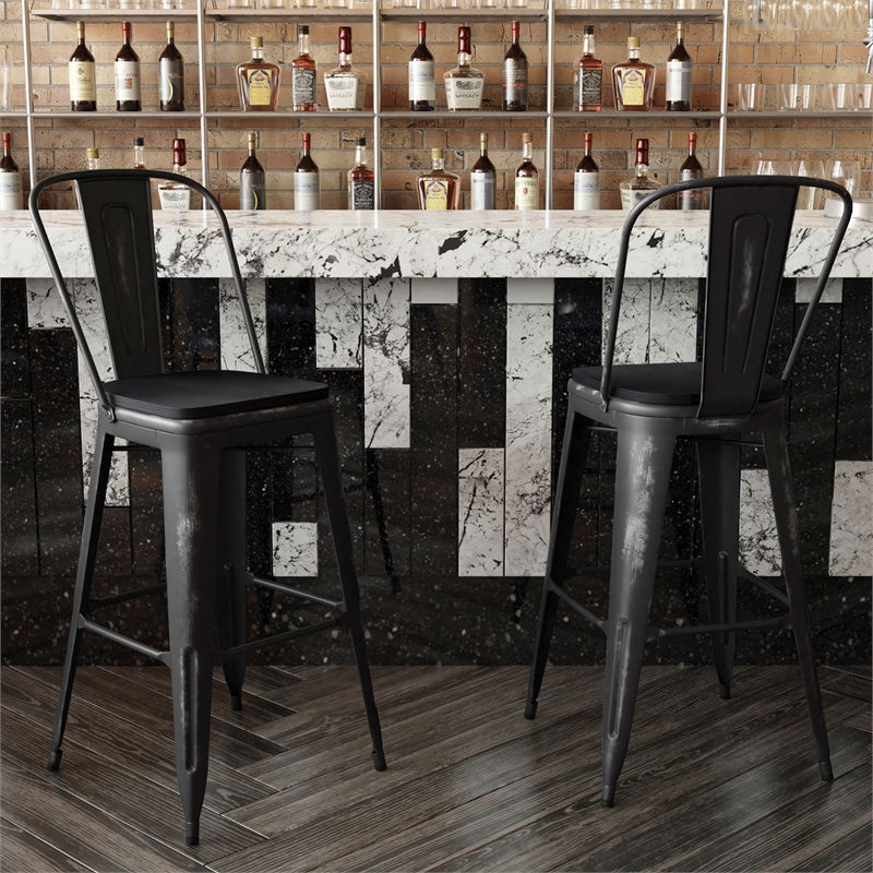 Pemberly Row All-Weather Bar Height Stool with Poly Resin Seat in Black/Black