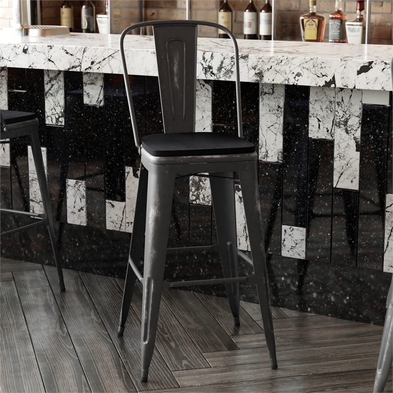 Pemberly Row All-Weather Bar Height Stool with Poly Resin Seat in Black/Black