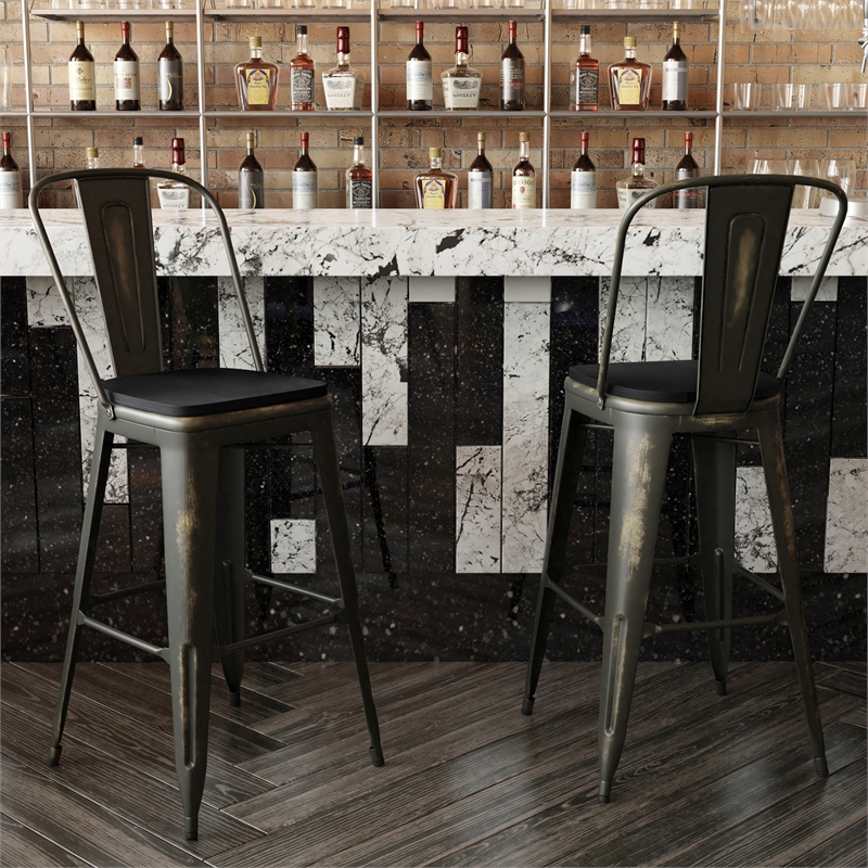 Pemberly Row All-Weather Bar Height Stool with Poly Resin Seat in Copper/Black