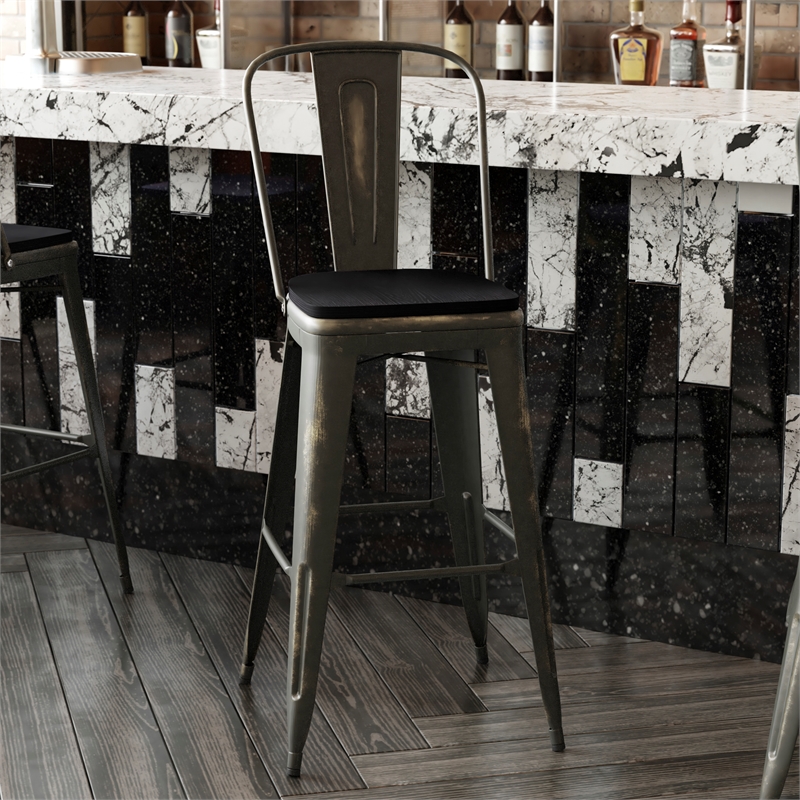 Pemberly Row All-Weather Bar Height Stool with Poly Resin Seat in Copper/Black