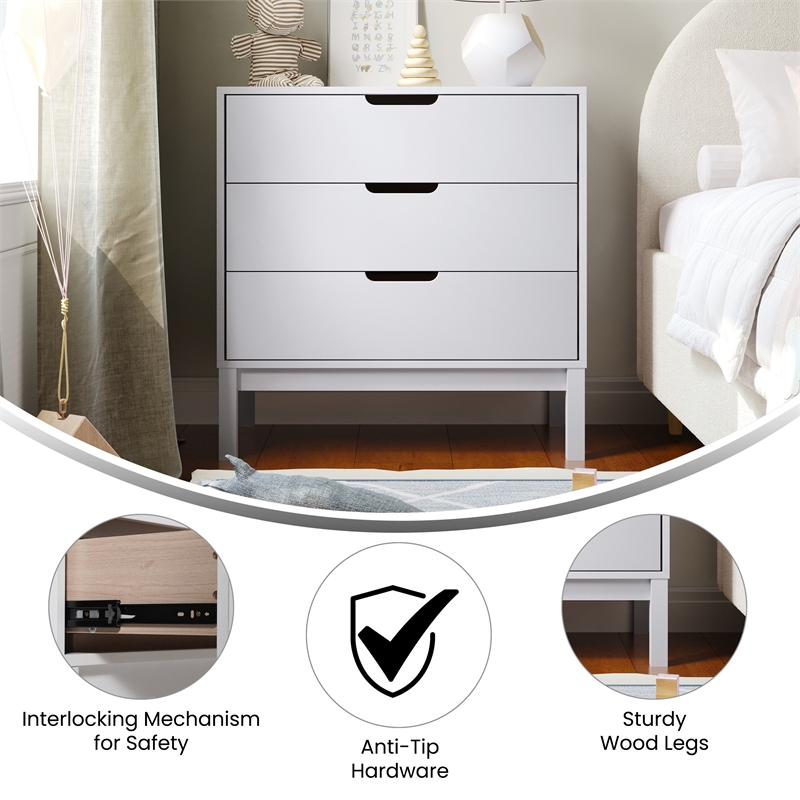 Pemberly Row 3-Drawer Kids Dresser with Smooth Bearing Slides in White