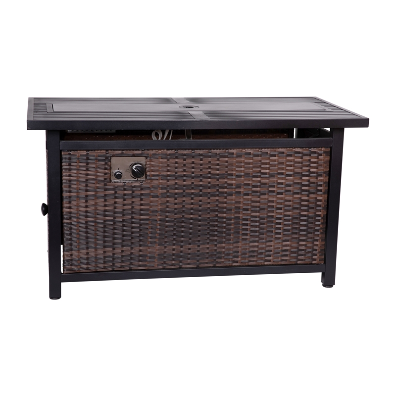 Pemberly Row Outdoor 50000 BTU Fire Table with Steel Top & Wicker Base in Black