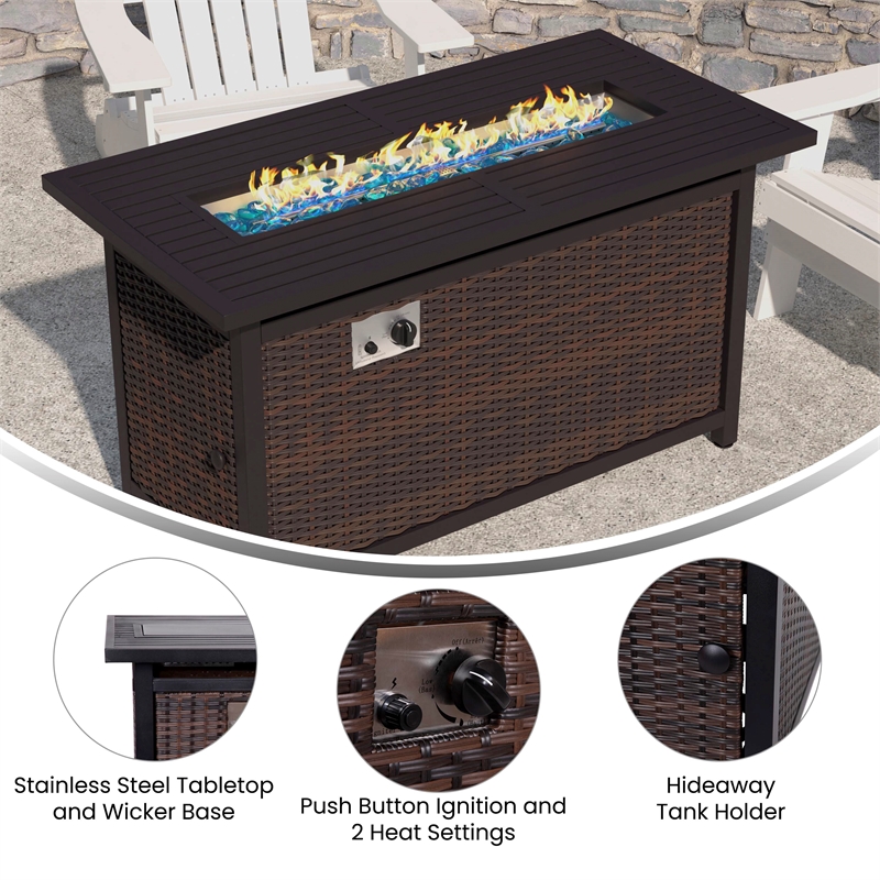 Pemberly Row Outdoor 50000 BTU Fire Table with Steel Top & Wicker Base in Black